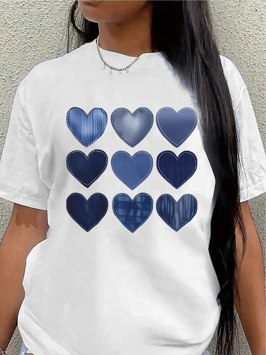 Camiseta de manga corta de poliéster, con estampado de corazones azules, ligera y duradera, adecuada para el hogar, la oficina, el restaurante y otras ocasiones informales, cómoda y ajustada para el uso diario. - Blanco - Ver 1