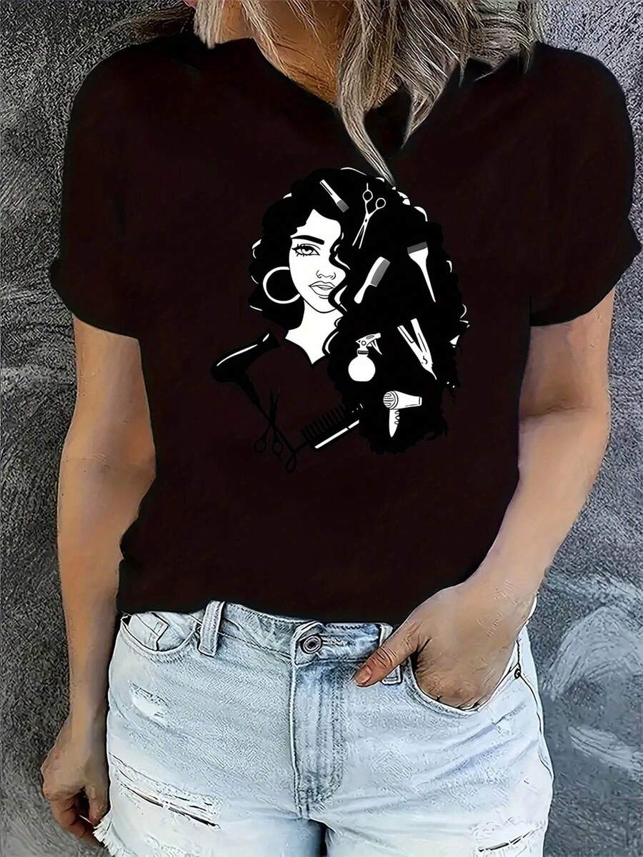 Camiseta casual de cuello redondo, estampado creativo de retrato de peluquero, mangas cortas, elasticidad media, ajuste cómodo para todas las estaciones - Camiseta unisex de algodón suelto de manga corta y cuello redondo estilo vintage urbano. - Negro - Ver 1