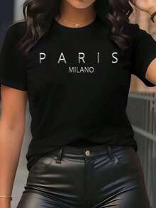 Camiseta elegante urbana 'Paris Milano' mujer moderna moda casual versátil diseño chic cómoda perfecta para salidas ciudad estilo único negro XXS/XS/S/M/L/XL camiseta básica popular trendy - Negro - Ver 12