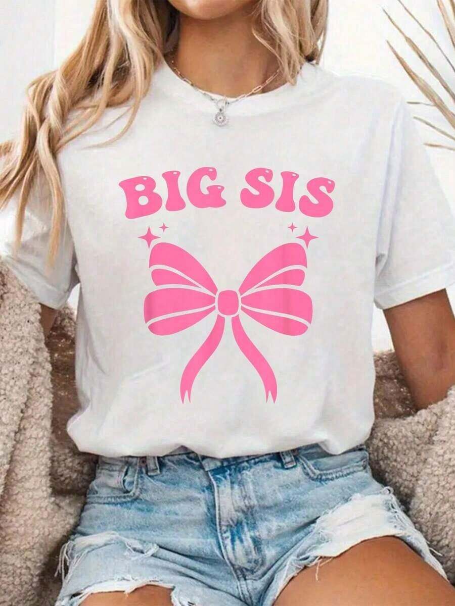 Camiseta Casual 100% Algodón para Mujer, con Lazo Rosa Bonito, para Hermanas Mayores - Blanco - Ver 1