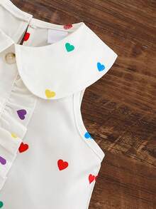 Girls' Pure White Sleeveless Dress With A Peter Pan Collar, Vertical Ruffles, And A Loose A-Line Skirt With Colorful Heart Prints All Over - White - View 8