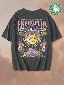 Camiseta de manga corta de talla grande para mujer , 34% algodón, estilo minimalista con estampado de plantas, sol, luna y eslogan.Adecuado para el verano, estilo vintage, ropa urbana, camisetas con estampados, salidas de verano, blusas casuales para mujer, regreso a clases, fiestas, graduaciones. - gris oscuro - Ver 9