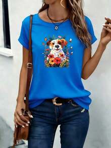 1 Pieza de Camiseta Casual de Moda para Hombres y Mujeres, 5 Colores, Camiseta de Jack Russell Terrier para Mujer| Top con Estampado de Cachorros y Mariposas Florales| Camiseta Suave para Mamá de Mascotas, para Uso Diario, Paseos al Aire Libre, Jardín, Senderismo| Conjunto para amantes de perros con diseño natural, tallas S-XXXL, versátil, fácil de combinar, adecuado para uso diario, estilo urbano, conjuntos de vacaciones, conjuntos de fin de semana. - Azul - Ver 7