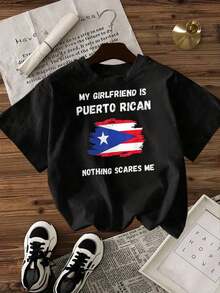 Camiseta de Mujer Casual de Cuello Redondo y Manga Corta, Opciones en Blanco y Negro, Estampado Puertorriqueño, Camiseta Gráfica 'Mi Novia Es Puertorriqueña, Nada Me Asusta', Camisetas de Uso Diario, Tops de Verano, Camisetas Gráficas, Conjuntos de Verano, Camisetas Cortas de Mujer, Tops de Mujer, Ropa Vintage de Algodón, Ropa Linda para Mujer, Playera Holgada para Mujer - Negro - Ver 2