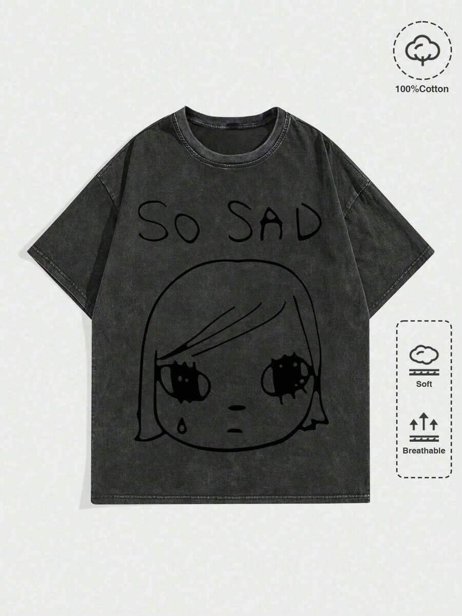 Yoshitomo Nara So Sad, Camiseta 100% Algodón Suave y Ligera, Agradable al Tacto | Diseño exquisito | Suelto y cómodo | Fácil de combinar | - Lavado negro - Ver 1