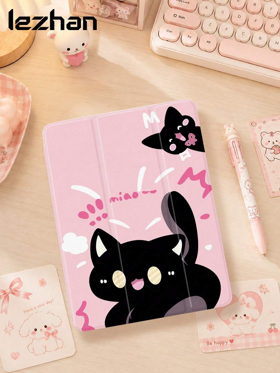 Ốp bảo vệ máy tính bảng hình mèo đen hoạt hình màu hồng, kiểu gập ba, có chân đế, tương thích với iPad 10.2 inch, Pro 11 2021/2020/thế hệ thứ 10, Mini 4/5/6, (A16) 11 inch thế hệ thứ 11 2025, tương thích với Samsung Galaxy Tab A8 10.5 inch 2022, Matepad 10.4/Tab, có khe cắm bút, chống rơi, quà tặng cho trẻ em/gia đình.