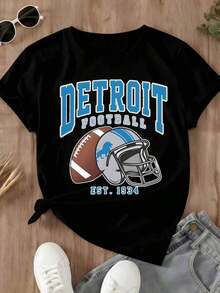 Camiseta Casual para Mujer con Estampado de Casco y Balón de Fútbol Americano Detroit Est 1934, para Fanáticos del Deporte y Uso Diario - Negro - Ver 2