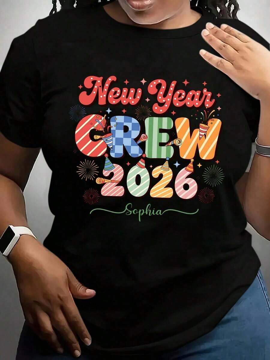 100% algodón, Camiseta de Mujer, Camiseta Personalizada con Nombre para el Equipo de Año Nuevo 2026, Diseño Festivo para Fiesta con Letras Coloridas y Patrón de Confeti para la Celebración de Año Nuevo. - Negro - Ver 1