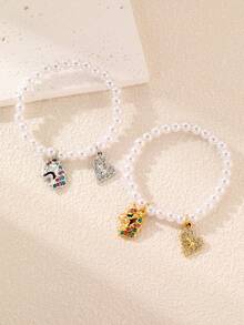 1pc/2pcs Girls Pearl Beaded Rhinestone Heart & Unicorn Bracelet Set, Suitable For Daily Decoration - Multicolor - View 10