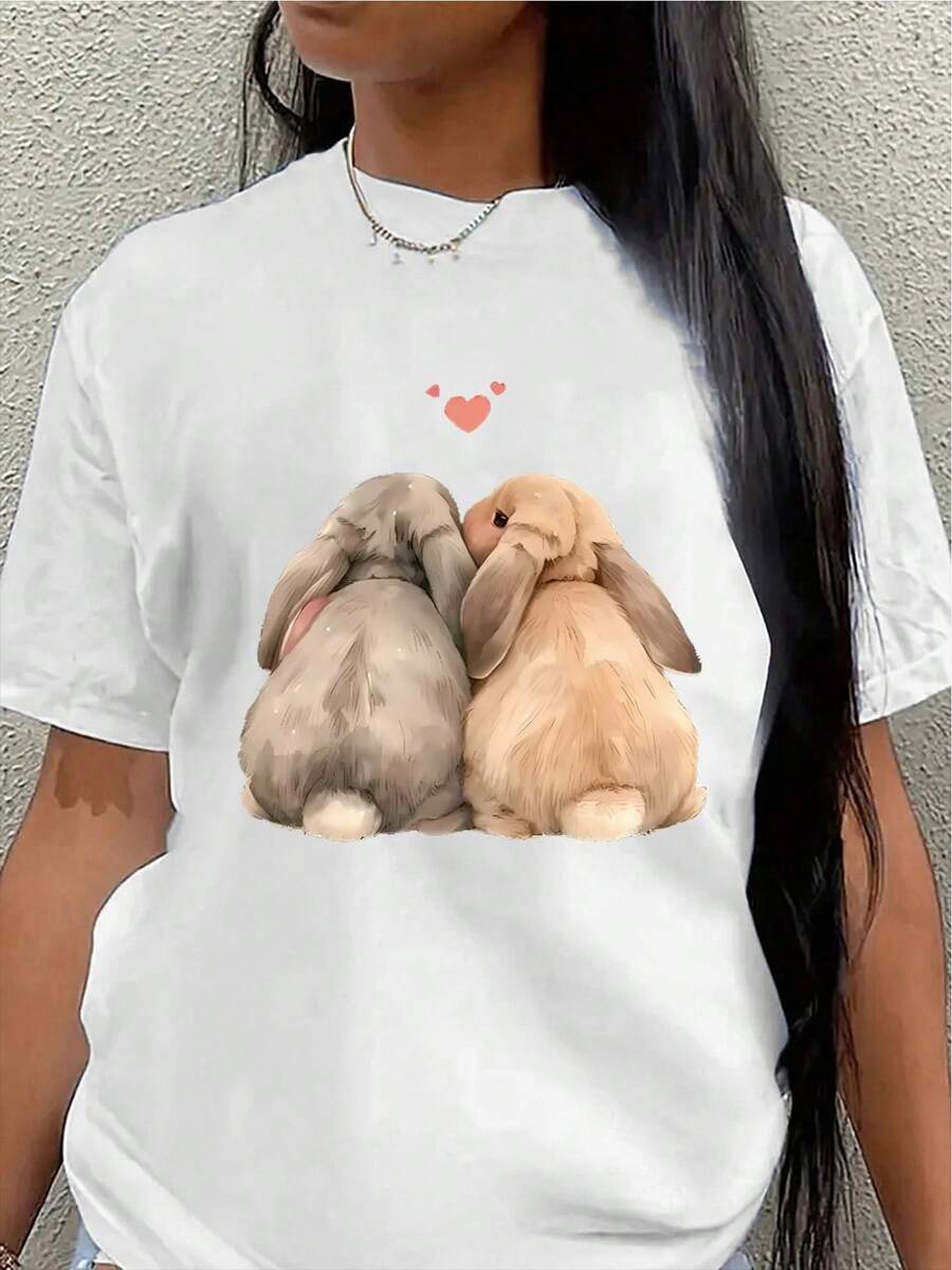 Lightweight T-Shirt With A Cute Bunny Couple Print, Perfect For Casual Wear At Home Or Outdoors, Offering A Comfortable And Stylish Everyday Wearing Experience. - 白色 - 查看 1