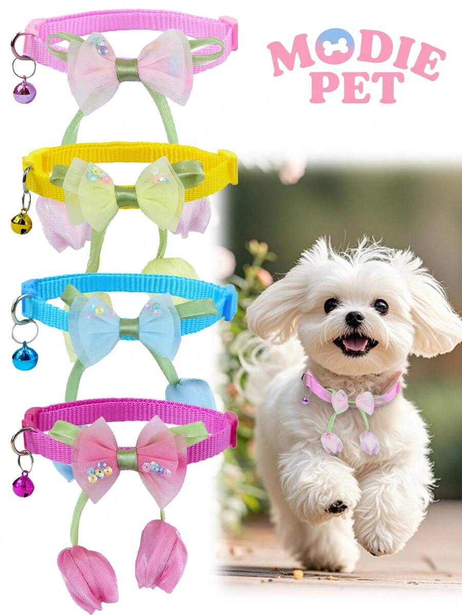 1/4pcs Cute Tulip & Bow Decor Adjustable Pet Collar, Suitable For Daily Use On Cats & Dogs, Happy Pets - Multicolor - View 1