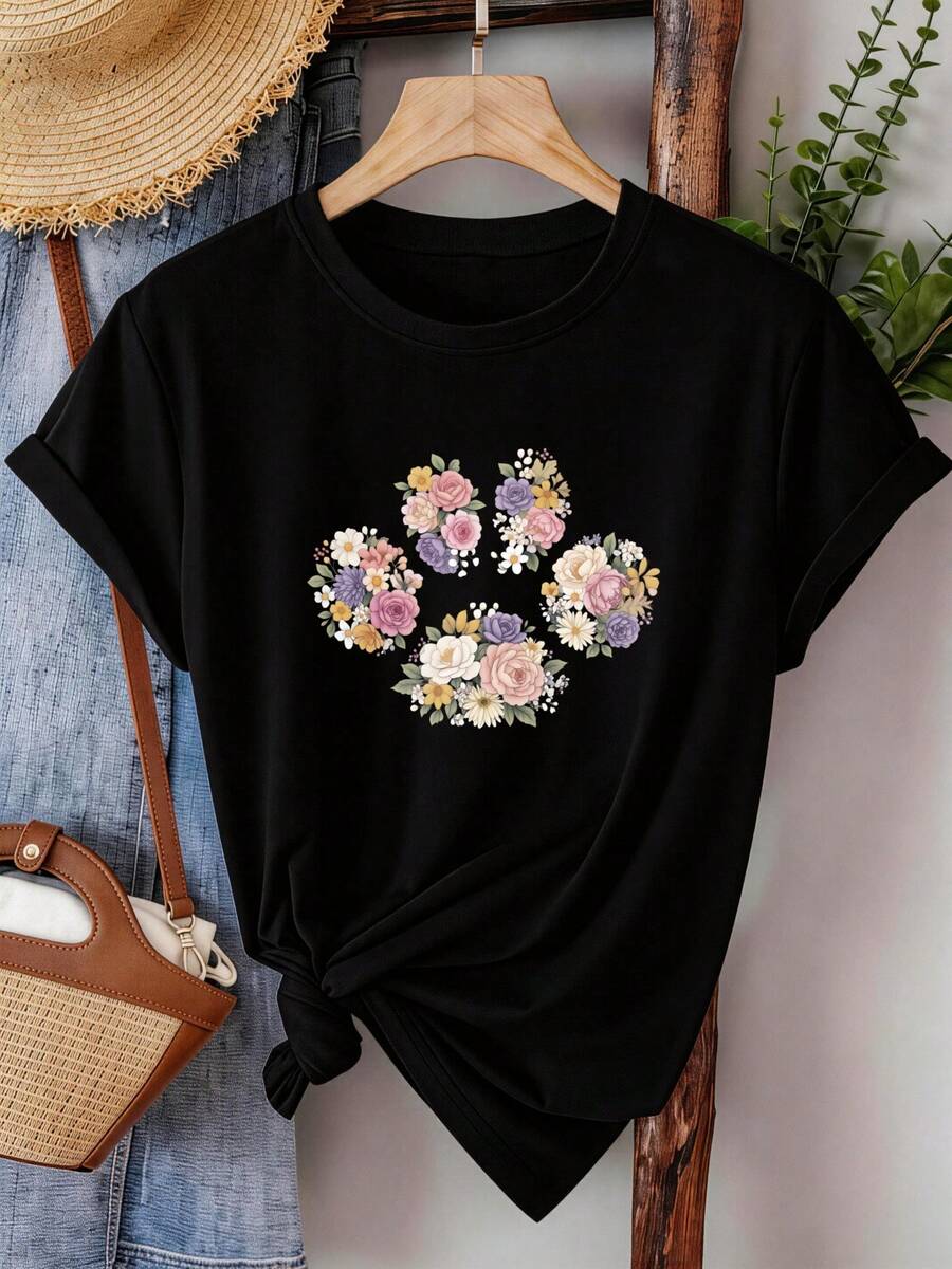 ¡Oferta por tiempo limitado, unidades limitadas, relámpago! Camisas casuales para mujer, camisetas de poliéster para mujer, camisas elegantes.Camisetas de verano para mujer, de manga corta y estilo casual, con diseño estampado de corazón floral, para uso diario, de tela transpirable y ligera | Top casual de mujer | Top de verano para mujer - Negro - Ver 1