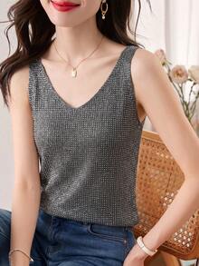 2026 Sommer Neu Elegante strukturierte gerippte Damenweste mit gekreuztem V-Ausschnitt, ärmellos figurbetontes Casual Strickpullover Top, vielseitig für Urlaub in Schwarz - Schwarz - Übersicht 1