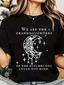 Camiseta de Mujer "Somos las Nietas de las Brujas, No Podrían Quemar la Luna y las Estrellas" con Estampado, Cuello Redondo, Uso Diario Casual, Suave y Cómoda, Camiseta para Vacaciones 220g Playera Holgada para Mujer - Negro - Ver 7