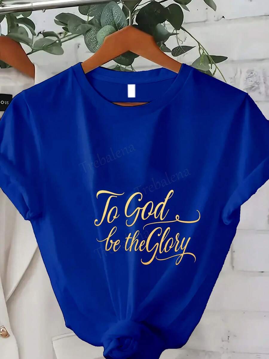 Edición Limitada Talla - Talla - [Camiseta con Estampado Trebalena] Camiseta cómoda de mujer, de corte holgado, con estampado Glory Be to God y elegante estampado dorado, adecuada para momentos de fe informales - Serie Curve,% algodón ligero, manga corta, cuello redondo, top casual y moderno para uso diario. - Azul - Ver 1