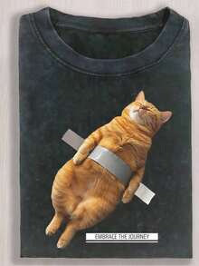 230g T-Shirt With Cat Print For Afternoon Tea, Casual Style, Made Of High Quality Cotton With Wax Print, Retro Fashion Brand, Unisex For Men And Women. - 黑色 04 - 查看 6