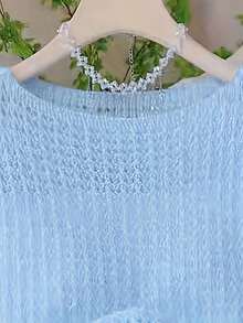 Blusa holgada y suelta de punto de unicolor y hueca para mujer en verano - Azul - Ver 4