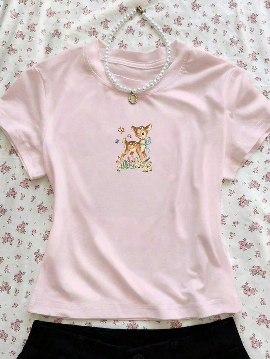 Camiseta de manga corta de cuello redondo con estampado casual de ciervos, flores y mariposas para mujer, verano - Rosa - Ver 1