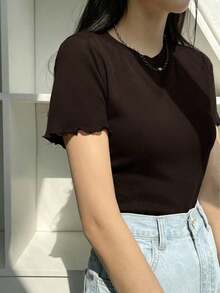 Blusa de punto acanalado con ribete de lechuga, estilo preppy de verano - Café integral - Ver 6