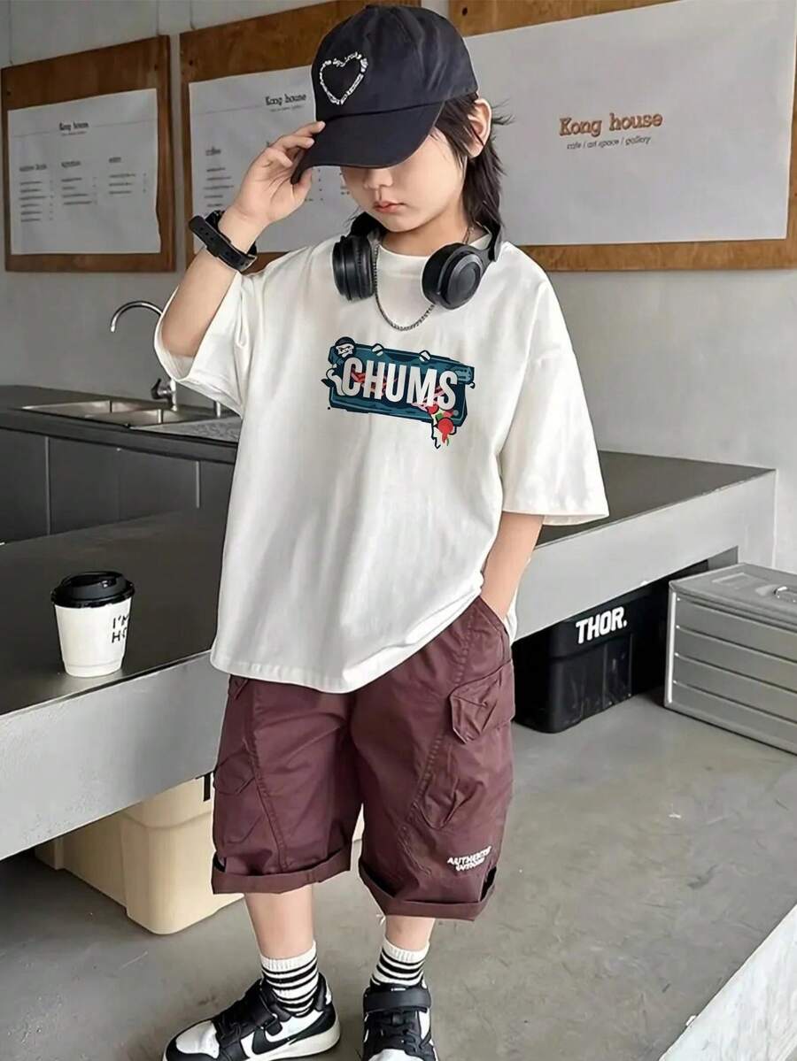 1 Piece Teen Boy Casual Print Short Sleeve T-Shirt, Spring/Autumn, Youth Student Clothing, Stylish And Breathable Textile Jacket, For Teenagers Men - White - View 1