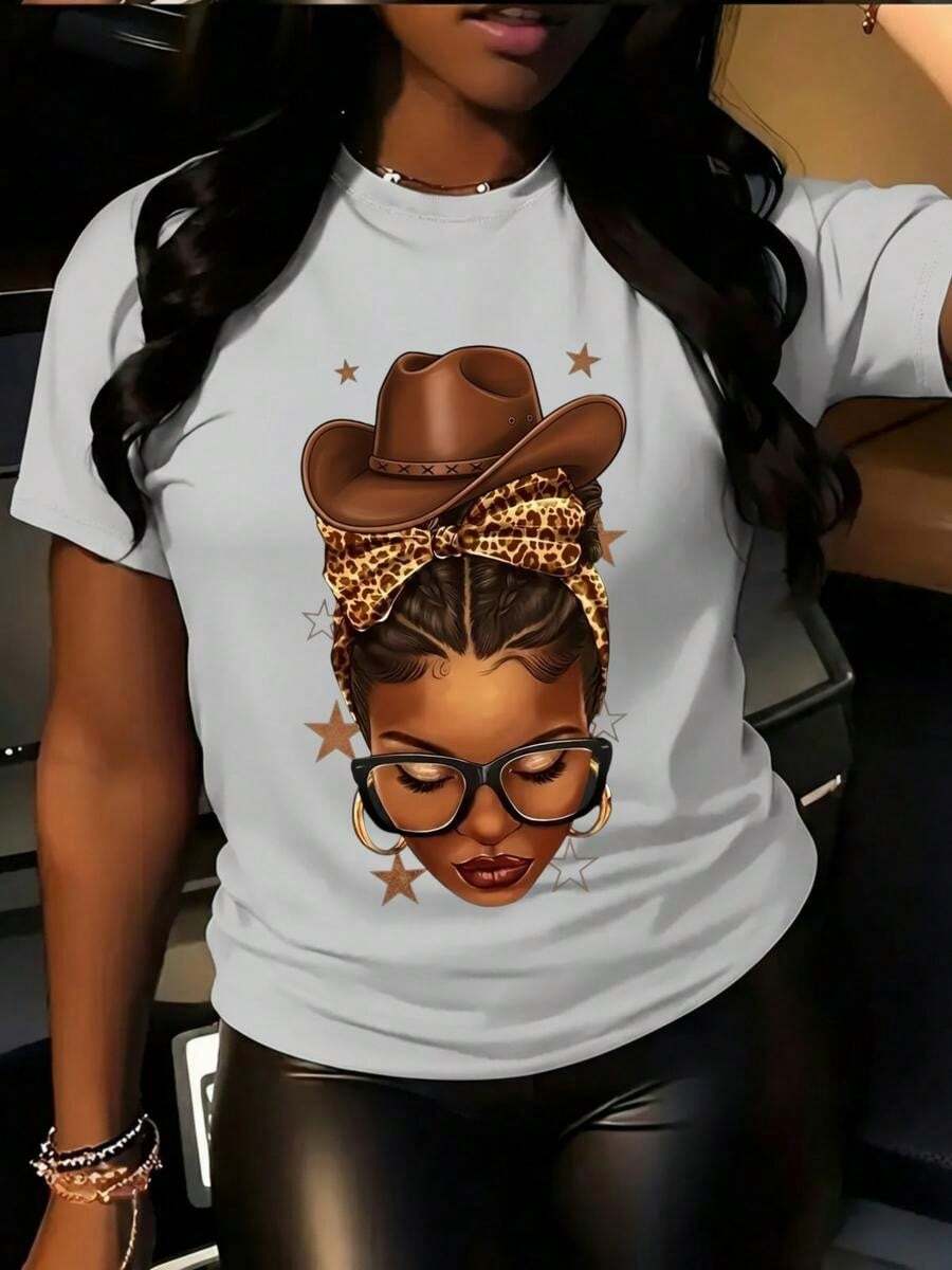 1 pieza de playera corta de 100% algodón, cuello redondo casual con estampado, cómoda y ajustada al cuerpo, dise?o versátil, manga corta transpirable para uso diario - Blanco - Ver 1