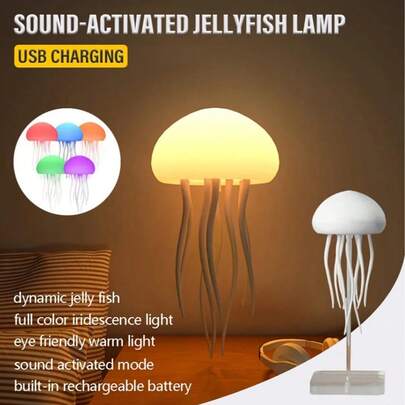 Đèn ngủ hình sứa nhảy múa hoạt hình, đèn ngủ hình sứa dễ thương có điều khiển âm thanh, đèn LED sạc USB.
