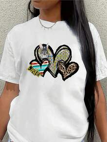 Camiseta de manga corta de poliéster, decorada con coloridos diseños de conejos y corazones, ligera y duradera, adecuada para uso casual en casa o en restaurantes, cómoda y ajustada para el uso diario. - Blanco - Ver 7