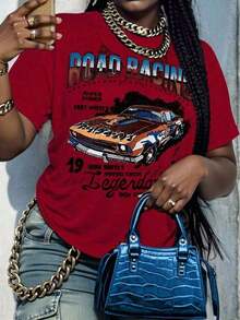 New Arrival 2026: Women's Casual Summer T-Shirt With Letter And Car Print, Crew Neck, Short Sleeve, Y2K Style, For Vacation, Spring, Festivals, Summer Wear, Graphic Tees, Summer Outfits For Women. Soft, Breathable Fabric, 100% Cotton, Fashionable For Everyday Wear, Graphic Print T-Shirt For Women. - 紅色 - 查看 5