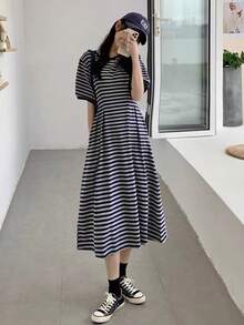 Women's Polka Dot Dress, Short Sleeve, Long Length, Suitable For Commuting, Office Casual, Cute And Stylish, Figure-Flattering, Elegant, Retro, Spring/Summer. - Blue and White - View 6