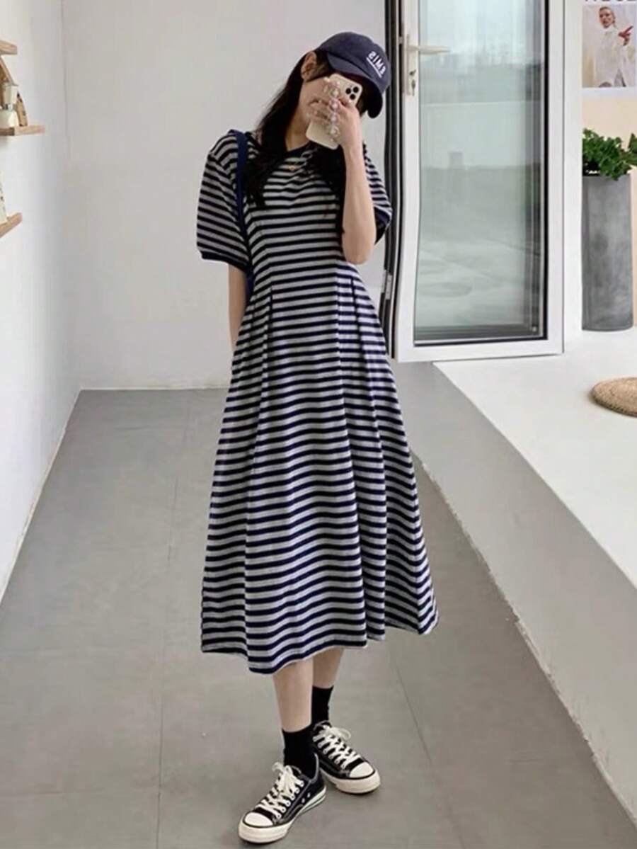 Women's Polka Dot Dress, Short Sleeve, Long Length, Suitable For Commuting, Office Casual, Cute And Stylish, Figure-Flattering, Elegant, Retro, Spring/Summer. - 藍白色 - 查看 1