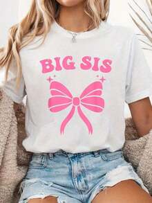 Camiseta Casual 100% Algodón para Mujer, con Lazo Rosa Bonito, para Hermanas Mayores - Blanco - Ver 7