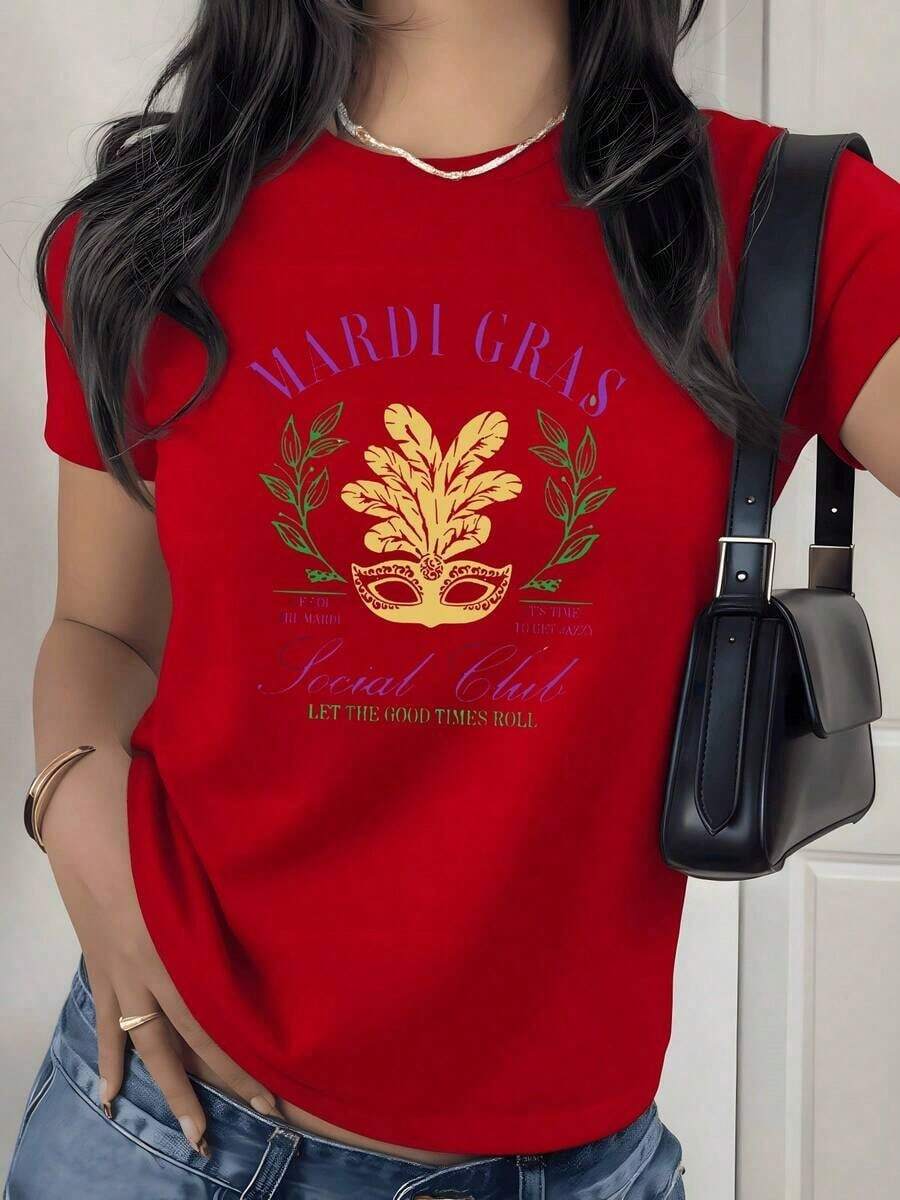 Camiseta con Estampado Gráfico de Máscara de Mardi Gras, 180g, 1 Pieza, Estilo Casual para Mujer, 100% Algodón, Estilo Vintage de Festival - Rojo - Ver 1
