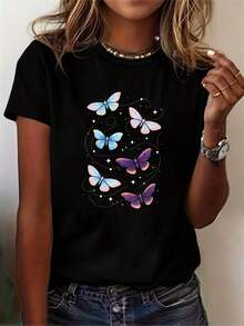 Una camiseta de manga corta para mujer, moderna, a la moda, retro, casual y holgada, adecuada para actividades al aire libre en primavera y verano, top de verano para mujer, camiseta casual de manga corta, con estampado de mariposas coloridas, ligera y transpirable para uso al aire libre en verano, top de verano para mujer.| Blusas casuales para mujerblusas para mujer,blusas casuales para dama,tops,, mujer premium,y2k,playeras de mujer curvy,ofertas y liquidaciones ropa mujer,playeras deportivas para mujer,,playeras de hombre, mujer,blusas>elegante UEU9 - Negro - Ver 1