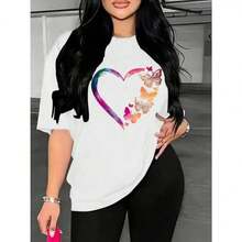 dibujo Camiseta con estampado de mariposa y corazón para mujeres, camiseta de verano de media manga con hombro caído 	       Camisetas unisex M-5XL Hombres y mujeres mismo estilo - Blanco - Ver 5