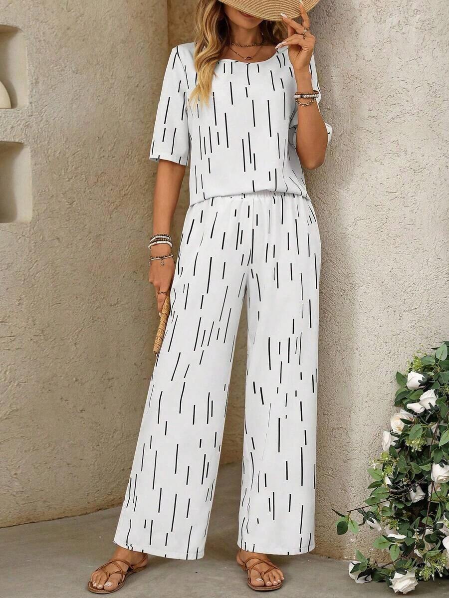 Clasi Conjunto de 2 piezas con estampado total y cuello en V holgado para mujer - Blanco - Ver 1