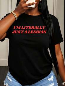 Camiseta de Mujer con Estampado Gráfico 'Soy Literalmente Solo Una Lesbiana', Camiseta Casual para Uso Diario, Top con Mensaje para Mujeres - Negro - Ver 1