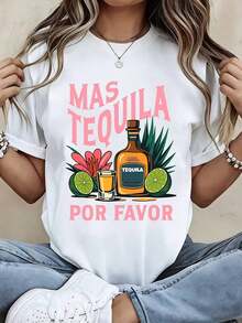 Camiseta de Moda para Mujer con Estampado Gráfico "Mas Tequila Por Favor" con Diseño de Botella de Tequila, Lima y Flores para Uso Casual en Fiestas de Veranoblusa casual mujer - Blanco - Ver 1