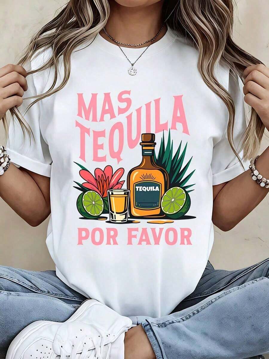 Camiseta de Moda para Mujer con Estampado Gráfico "Mas Tequila Por Favor" con Diseño de Botella de Tequila, Lima y Flores para Uso Casual en Fiestas de Veranoblusa casual mujer - Blanco - Ver 1