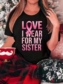 Ropa casual de otoño para mujer de una pieza con lazo rosa y estampado "I Wear My Heart For My Sister", top deportivo casual de cuello redondo, adecuado para celebraciones navideñas, para apoyar a hermanas, ropa de otoño para mujer, regalo de Navidad, ropa navideña, moda. - Negro - Ver 2