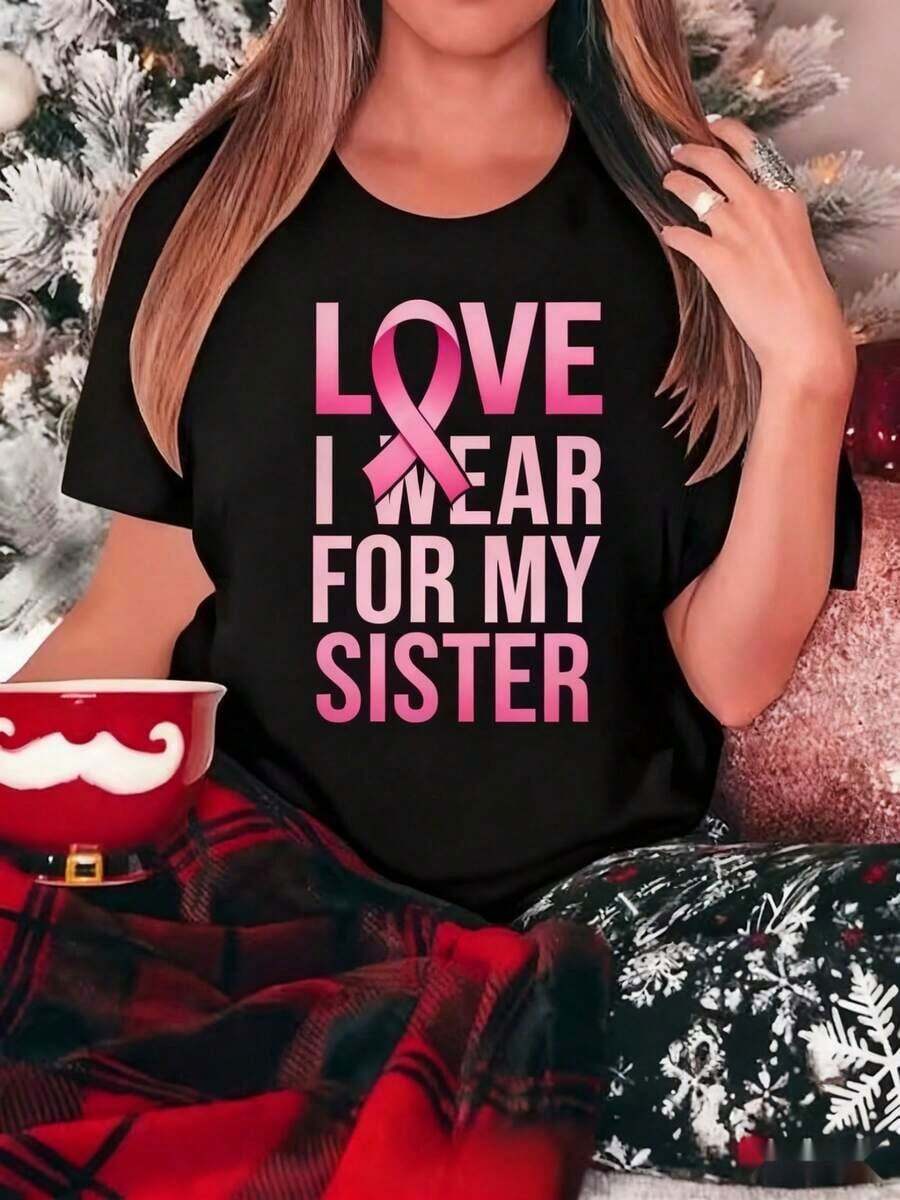 Ropa casual de otoño para mujer de una pieza con lazo rosa y estampado "I Wear My Heart For My Sister", top deportivo casual de cuello redondo, adecuado para celebraciones navideñas, para apoyar a hermanas, ropa de otoño para mujer, regalo de Navidad, ropa navideña, moda.