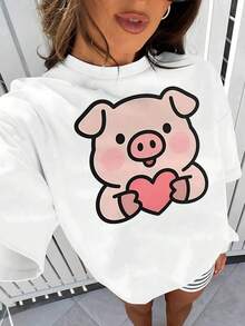Linda camiseta de mujer con estampado de corazón de cerdito, camiseta casual de manga corta con cuello redondo, estampado de animal de cerdito de moda para mujer, tela de mezcla de algodón suave y cómoda para uso diario, diseño moderno y divertido. |   Diseño exquisito |   Suelto y cómodo |   Fácil de combinar | - Blanco - Ver 4