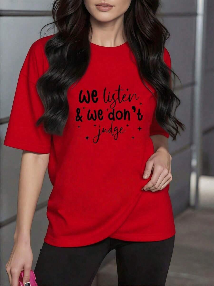 SoftFrase inspiradora que promueve la empatía y la aceptación sin juicios con un toque moderno y motivador camiseta para mujer 100% algodón cómoda y versátilNew Summer Women's T-shirt, Casual and Comfortable Crew Neck Top - Rojo - Ver 1