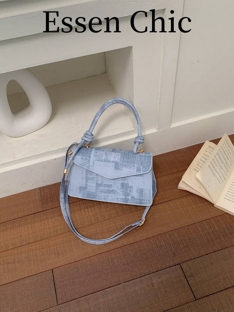 1pc Blue Color Block Vintage PU Leather Square Handbag, Women's Summer Tote Bag With Shoulder Strap - Blue - View 1