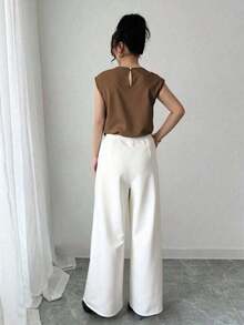 Conjunto de 2 piezas de top de cuello redondo elegante y pantalones plisados para mujer - Multicolor 2 - Ver 2