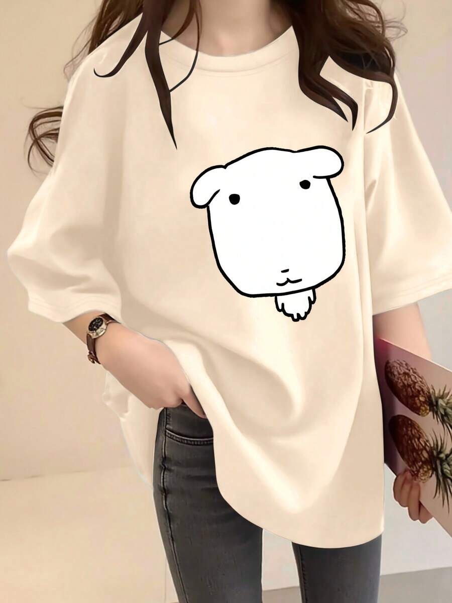 Ganadi, camiseta de gran tamaño con estampado divertido de cachorro de cara cuadrada, de corte holgado y manga corta, adecuada para estudiantes y para desplazamientos en el campus, camisetas blancas originales para mujer. - Albaricoque - Ver 1
