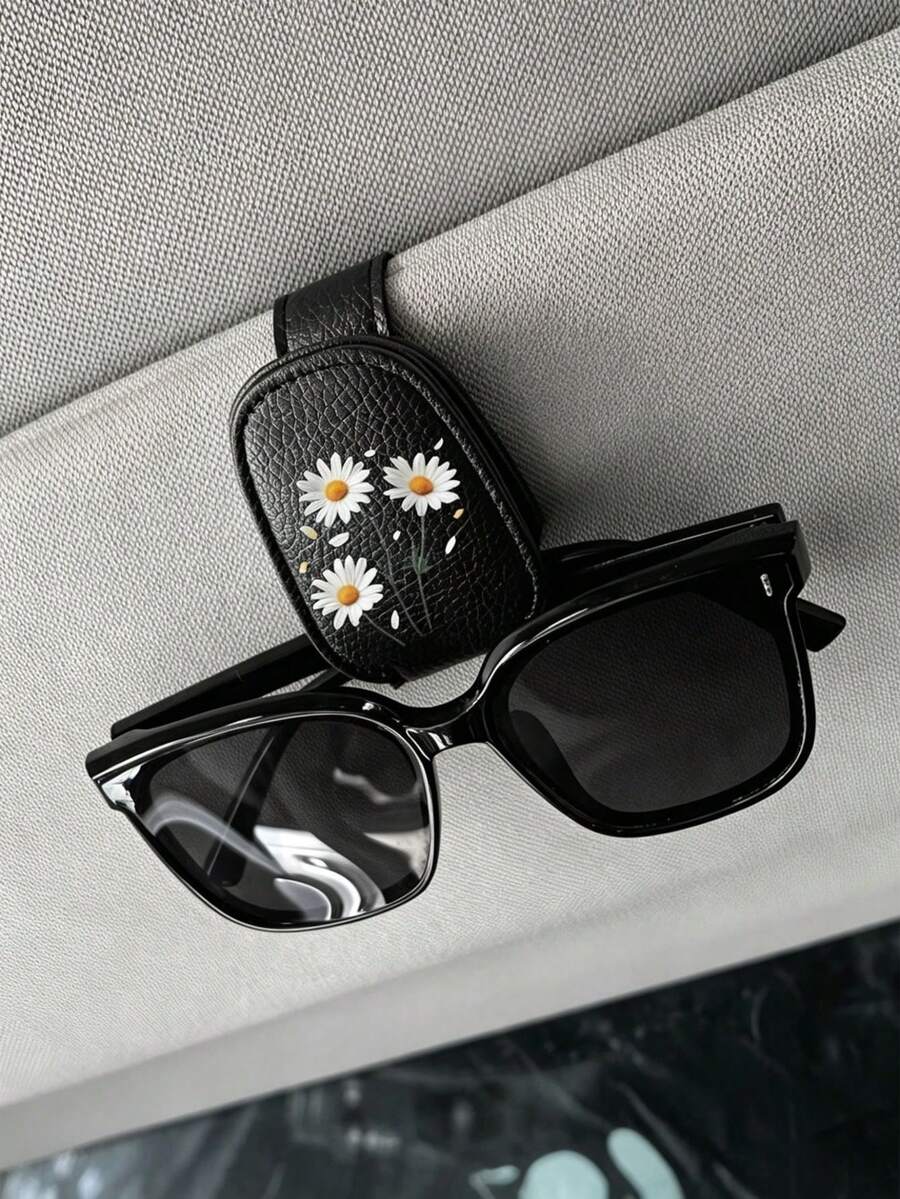 Suporte Magnético para Óculos com Estampa de Margarida para Viseira de Carro - Suporte Criativo para Óculos na Viseira de Carro | Material de Couro PU | Clipe Multifuncional Pode Segurar Ingressos, Contas e Cartões | Armazenamento de Óculos no Interior do Carro | Suporte para Óculos na Viseira de Carro | Acessórios para Interior de Carro
