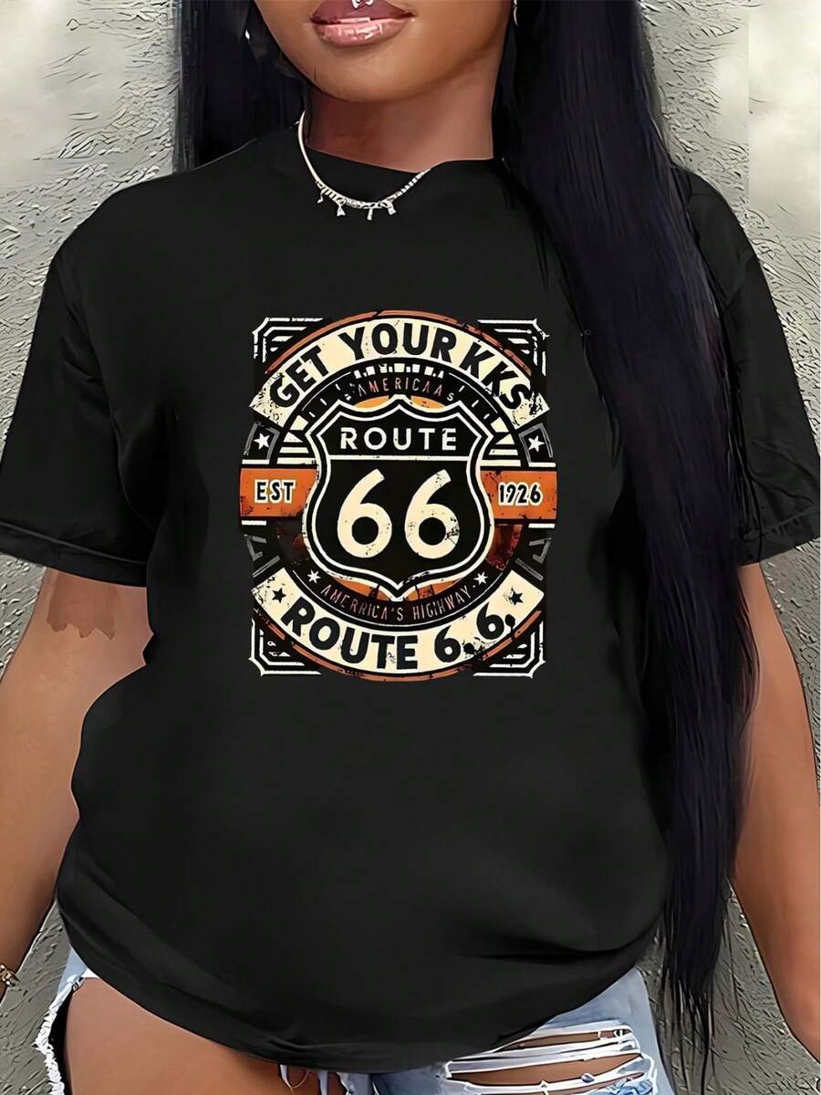 Camiseta de manga corta de poliéster, decorada con un diseño de la , ligera y duradera, adecuada para uso casual, ideal para viajes por carretera, salidas diarias o excursiones cortas, con un diseño clásico de carretera y colores llamativos. - Negro - Ver 1