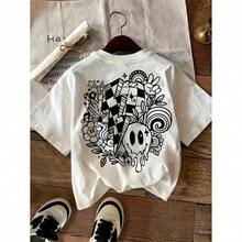 Camiseta de dibujo estampado, casual, cómoda, cuello redondo, manga corta, top para mujer - Blanco - Ver 9