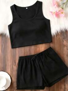 2pcs Casual Solid Color Camisole & Shorts Pajama Set For Women, Summer New Lightweight Homewear Outfit, Fashionable & Comfortable Camisole & Shorts - Black - View 1