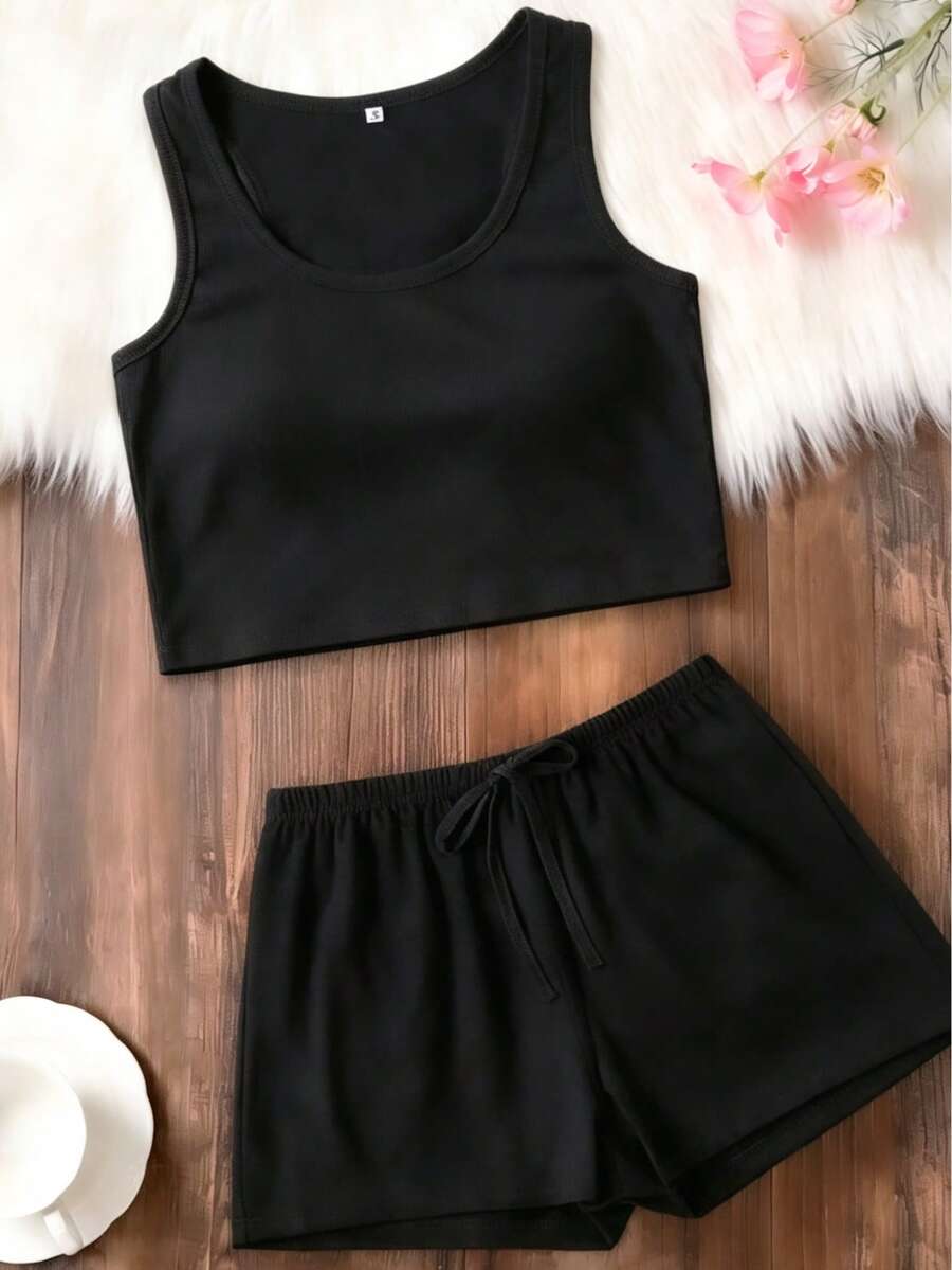 2pcs Casual Solid Color Camisole & Shorts Pajama Set For Women, Summer New Lightweight Homewear Outfit, Fashionable & Comfortable Camisole & Shorts - Black - View 1